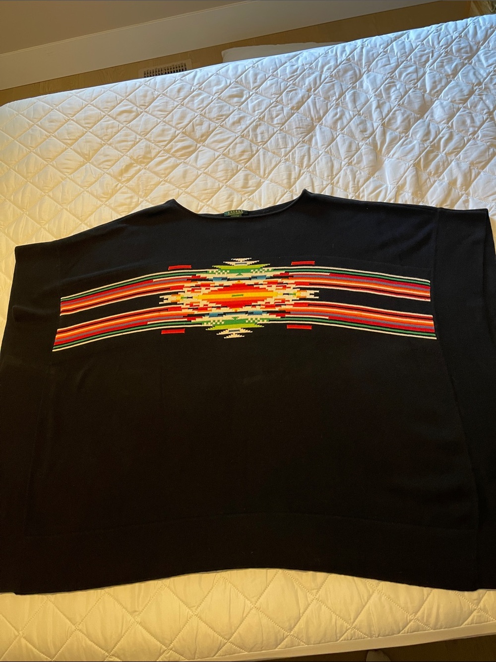 Lauren Ralph Lauren Black Intarsia cotton poncho Aztec southwestern Plus O/S